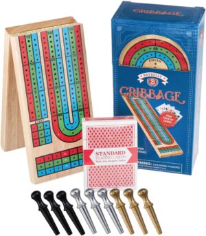 Cribbage Board 3-Track Colour Coded Folding Cribbage Game with Deck of Playing Cards and 9 Premium Metal Cribbage Pegs